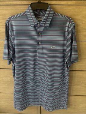 Vineyard Vines Navy, White & Pink Striped Performance Polo